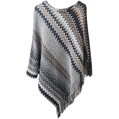 YOUJIA Womens Autumn Asymmetric Batwing Striped Sweaters Jumpers with Tassel Casual Knit Pullovers Poncho Cape (Black, One Size) Cover