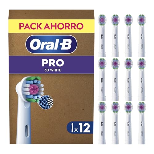 Oral B Pro 3D White Cabezales De Recambio ORIGINALES para Cepillo Eléctrico Oral B Pro, Pack De 12 Recambios Blancos Con Copa Pulidora Para Eliminar Manchas Superficiales, Efecto Blanqueador