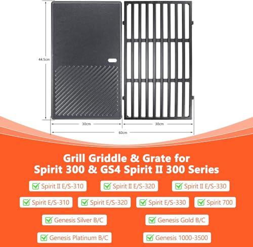 GFTIME 7638 44,5 cm Grillrost und Grillplatte für Weber Spirit I II E310 E320 E330 S310 S320 S330 Gasgrills, Gusseisen Ersatzteile für Weber Spirit 300 Series, 2 Stück
