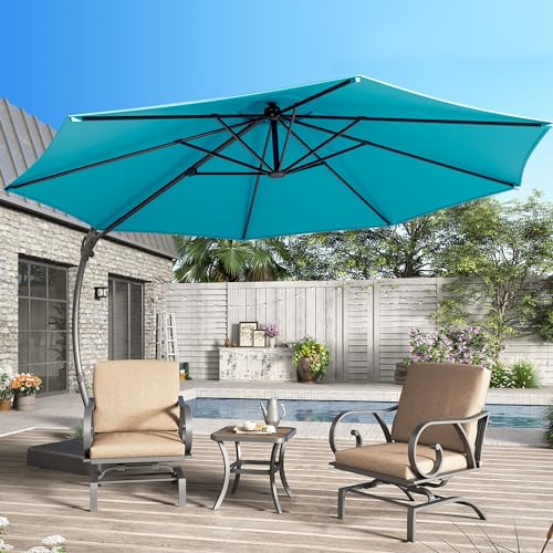 LAUSAINT HOME Outdoor Patio Umbrella with Base Included,11ft Large Deluxe Curvy Cantilever Umbrella Offset Umbrella with 360° Rotation for Pool Garden, Deck Market (Turquoise Blue)