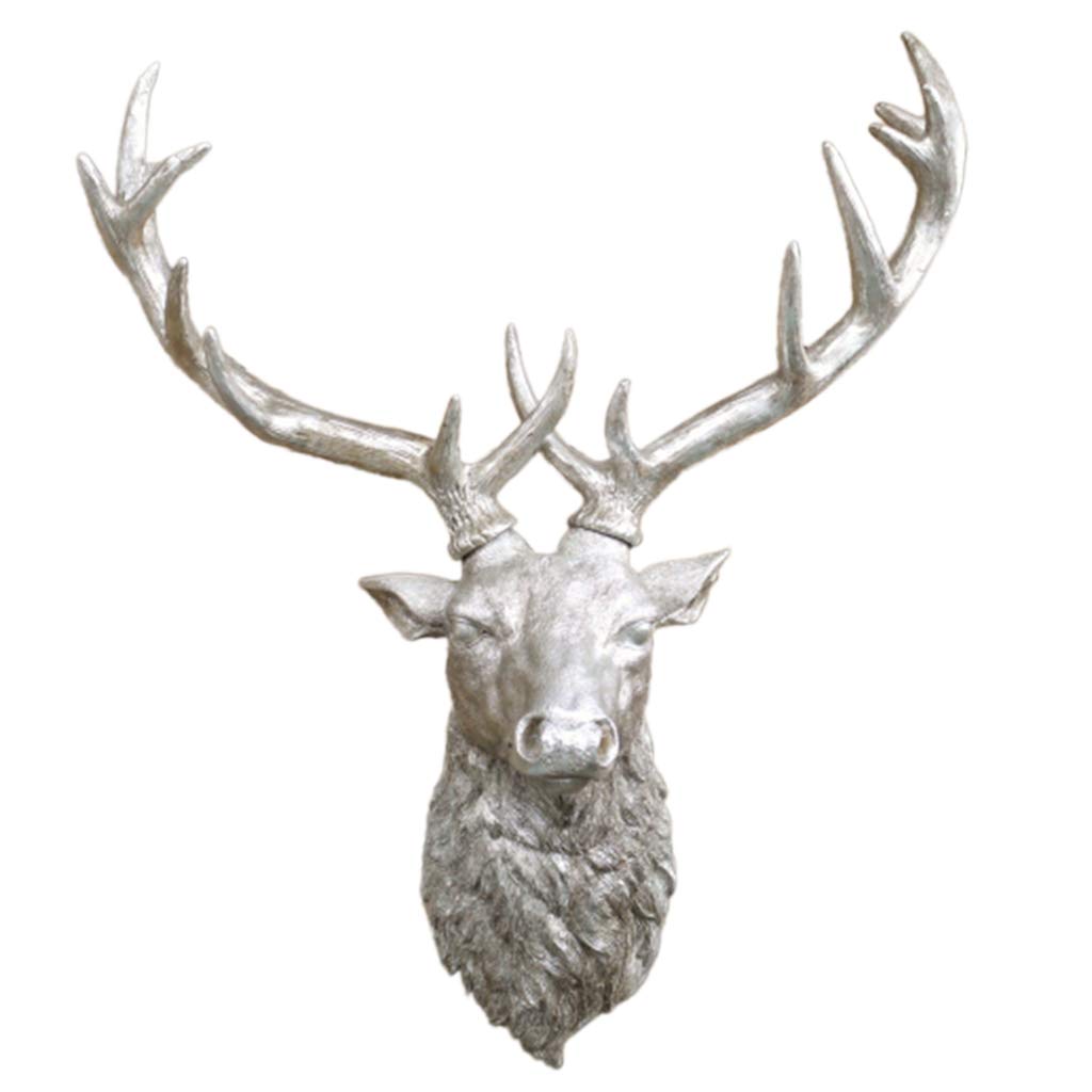 Silver Antique Decorative Stags Head Sculpture With Antlers Wall Mounted
