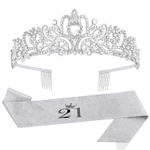 21st Birthday Sash and Tiara 21st Birthday Decorations for Her, Silver 21 Birthday Sash 21st Birthday Gifts for Her Birthday Crowns for Women Birthday Girl Sash Party Accessories