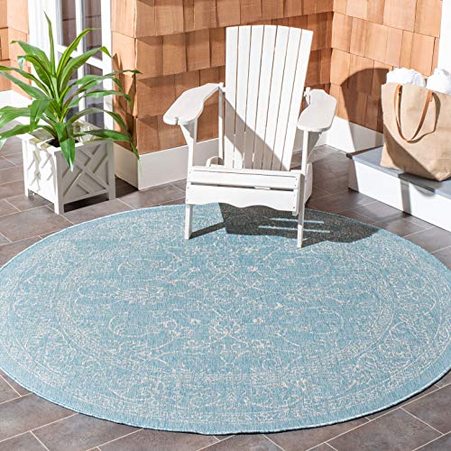 SAFAVIEH Courtyard Collection 6'7'' Round Aqua/Grey CY8680 Indoor/ Outdoor Patio Backyard Mudroom Area Rug