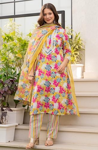 Image of Amayra Women's Pure Cotton Straight Kurta Set with Palazzo Pants & Dupatta|Ethnic wear|Kurti Suit Set for Women