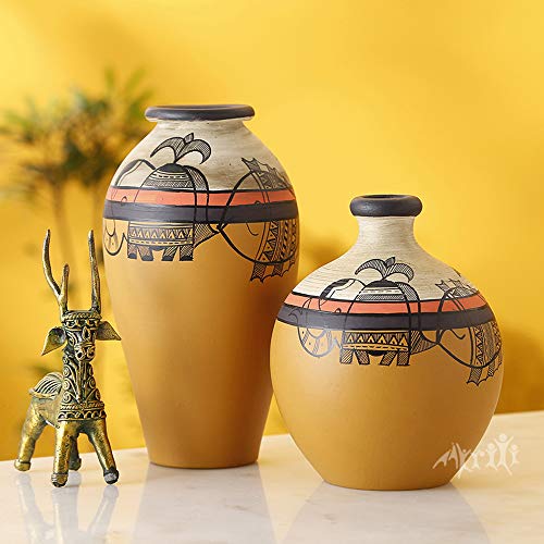 Image of Aakriti Art Creations Yellow Madhubani Terracotta Vase Set of 2 | Handmade Decorative Flower Vases with Folk Art Design | Matte Finish Table Decor for Living Room, Shelf Styling & Housewarming Gifts
