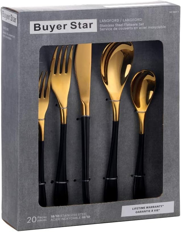 YDware 20Pcs Stainless Steel Cutlery Set for 4, Dinner Spoons Dessert Forks Knives Flatware Set,Dinner Kit Server, 5Pcs Silverware Set, Mirror Polished and Dishwasher Safe (Black Gold)