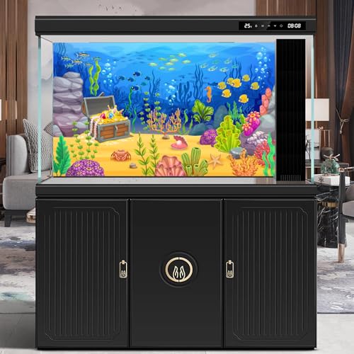 Image of Cartoon Underwater Landscape Aquarium Background Pirate Treasure Chest with Fish Shoal Terrarium Background Ocean Coral Reef Blue Sea Waves Fish Tank Backdrop Under The Sea Theme Backdrops 36x20in