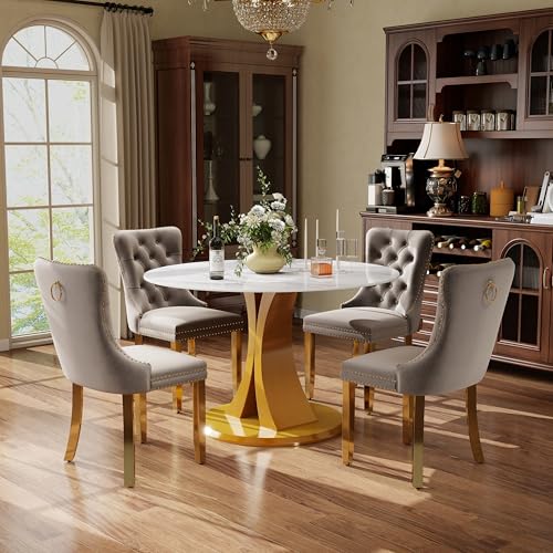 Image of 5-Piece Dining Table Set with 39In Faux Marble Table and 4 Velvet Upholstered Chairs, Modern Scandinavian Furniture for Dining Room Kitchen(Gray&Gold)