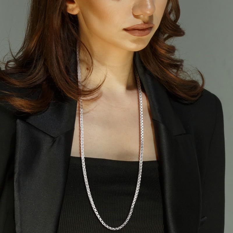 Italian 925 Sterling Silver Round Box Link Chain Necklace - Unisex Adults - Available in Rhodium Plated or Yellow Gold Plated Sterling Silver - 16in to 28in3