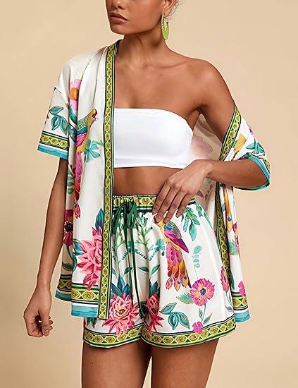Women Boho Tropical Print Beach Cover Up 2 Piece Set Summer Short Sleeve and Shorts Lounge Outfit Lightweight4