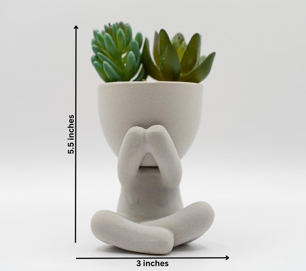 4 PCS Mini Ceramic Human Shaped Potted Artificial Succulent Plants Matte Gray for Home Office Desk Farmhouse Room Decor.