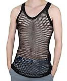 Mens 100% Cotton Fitted Muscle Fishnet String Vest Tank Top Mesh (Medium, Black)