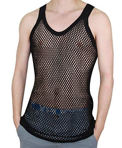 UD Accessories Mens 100% Cotton Fitted Muscle Fishnet String Vest Tank Top Mesh (Medium, Black)