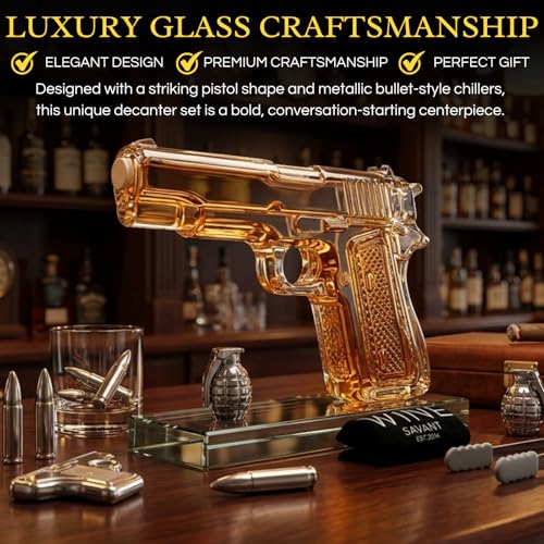 Image of Bullet Whiskey Stones with Vintage Wooden Case, 9oz Gun Decanter, Stainless Steel Ice Cubes Chilling Bullets, Grenades, Pistol, Tongs, Velvet Bag Whiskey Gift Set for Men, Dad, Husband, Boyfriend Cool