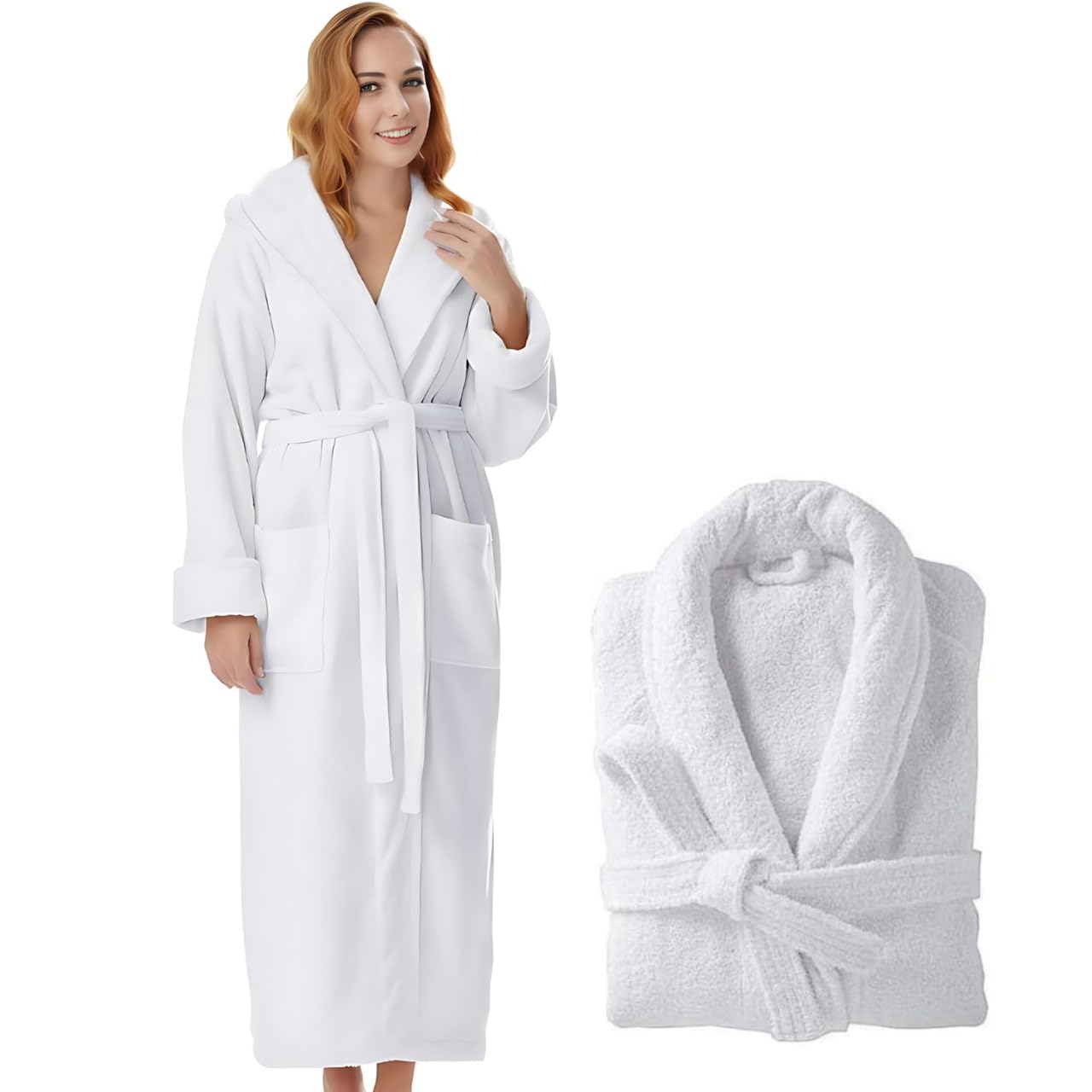 Cotton Terry Robes for Women and Men, Terry Shawl Collar Bathrobe, ONE SIZE - UNISEX Men & Women Spa Robe, White, One Size