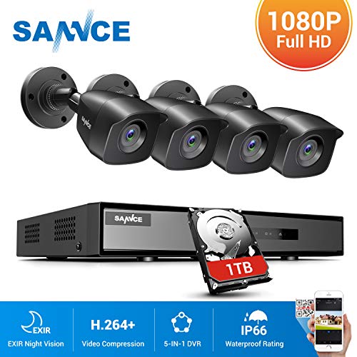SANNCE 4CH Security Camera System HD-TVI Full 1080N Video DVR Recorder with 4X HD 1920TVL 1080P Indoor Outdoor Weatherproof CCTV Cameras 1TB Hard Drive,Motion Alert, Smartphone, PC Easy Remote Access