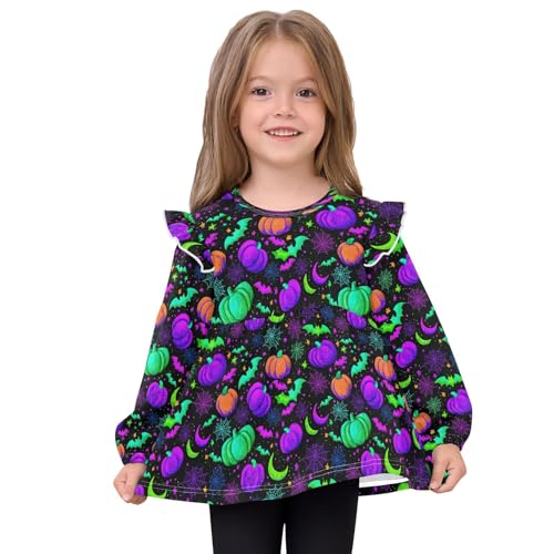 Pumpkin Bat Moon Spider Web Girls Shirts Cotton Long Sleeve Ruffle Toddler Tee Tops3