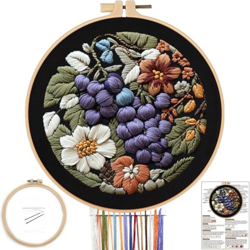 Image of FONNUY Embroidery Kit for Beginners, Grapes Fruit Floral Pre-Stamped Pattern Kits for Adults with Hoop, Easy to Follow Color Thread Needlework, 8'' Hoop (Purple)