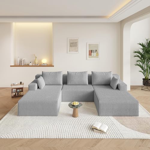 Image of 107 inch U-Shape Cloud Couch, Modern Modular Sectional U-Shape Sofa, Corduroy Boneless Couch Upholstered Couches Deep Seat Sleeper Chaise Longue for Living Room, No Assembly Required,Light Gray