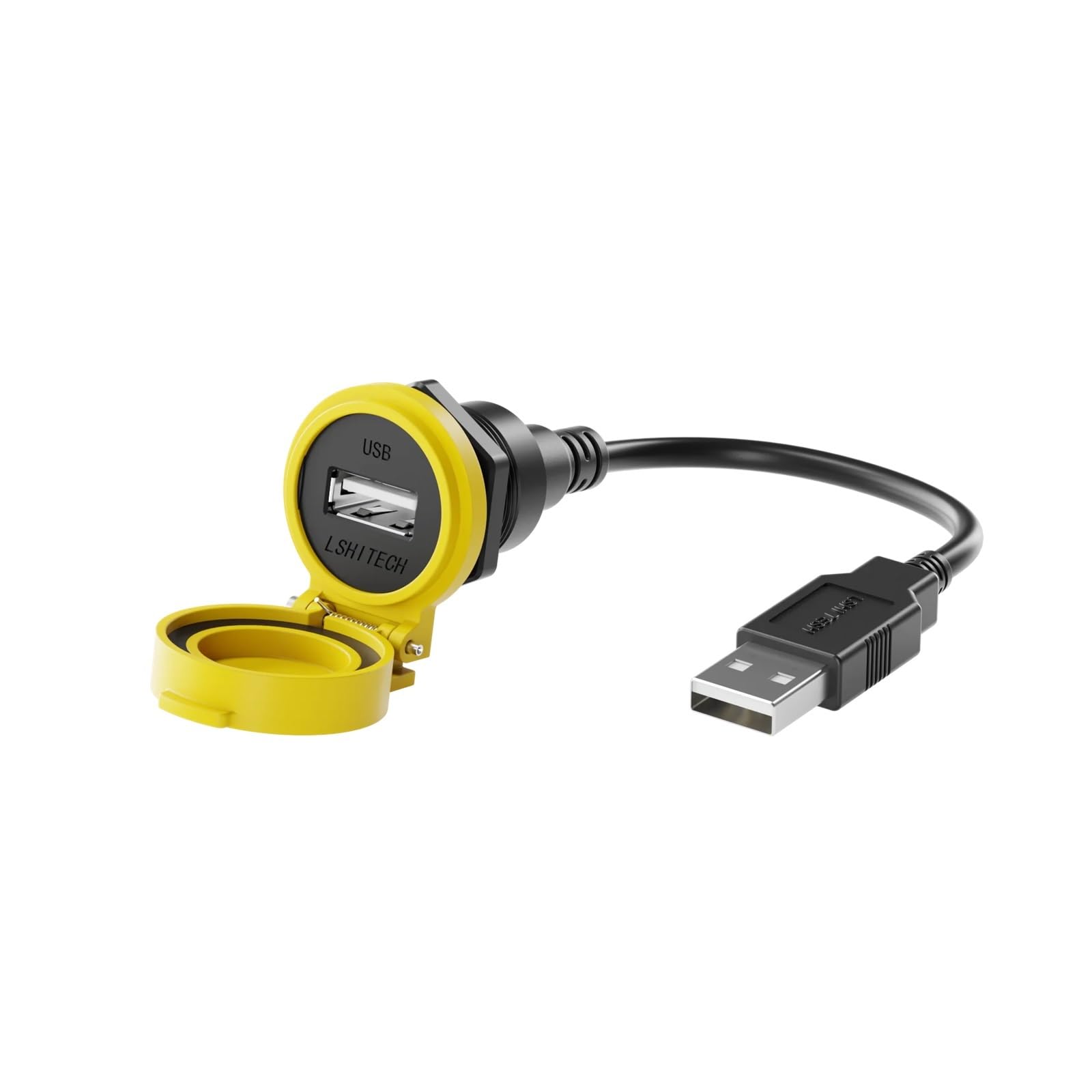 LSHITECH LU22 przemysłowy kabel przedłużający USB 2.0 z automatyczną klapką, 0,1 m, 0,3 m, 0,5 m, 1 m, 1,5 m, 2 m, 3 m, 4 m, wodoszczelny przedłużacz (żółta nasadka, plastikowy rowek, kabel 2 m)