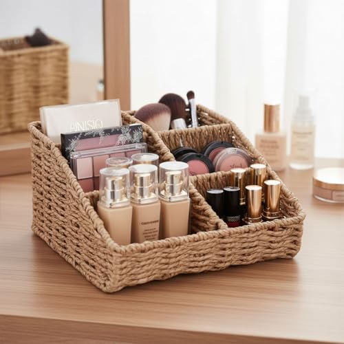 Image of Makeup Organizer, Hand-woven Wicker Basket for Dresser Vanity and Bathroom Countertop, 6 Compartment Skincare Organizer Cosmetic Display Case, Beauty Holder for Lipstick Brush Eyeshadow Palette
