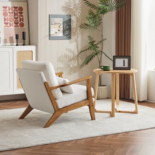 Image of Karl home Mid-Century Lounge Accent Chair, White | Wide Curved Armrest, Teddy Fleece, Lumbar Pillow Included, Solid Wood Frame, For Living Room, Bedroom, Balcony, Apartment