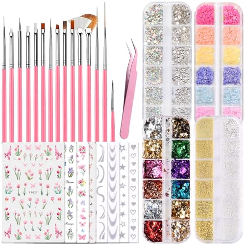 Fcozpjk Nail Design Kit - Art Brushes, Dotting Tools, 3D Flowers & Charms, Gold Leafs, Butterfly Stickers