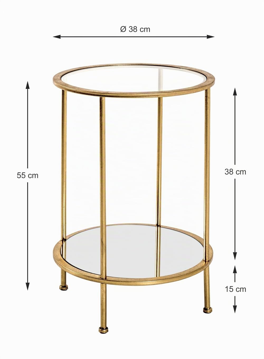 HAKU Tavolino rotondo in metallo dorato con vetro di sicurezza da 5 mm e specchio da 4 mm - Dimensioni: A 55 x Ø 38 cm Stile: Art Déco