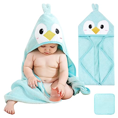 Image of SYNPOS Hooded Baby Towel Set - Ultra Soft & Absorbent Bamboo Cotton Bath Towel and Washcloth - Perfect Newborn Essential Cute Penguin Design - 30 x 30 Inch