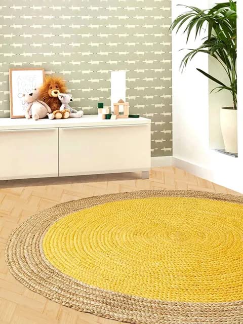 Handmakers ! Natural & Hand Woven DIY Jute (Yellow) Area Rug With Beige Strips - 90 CM