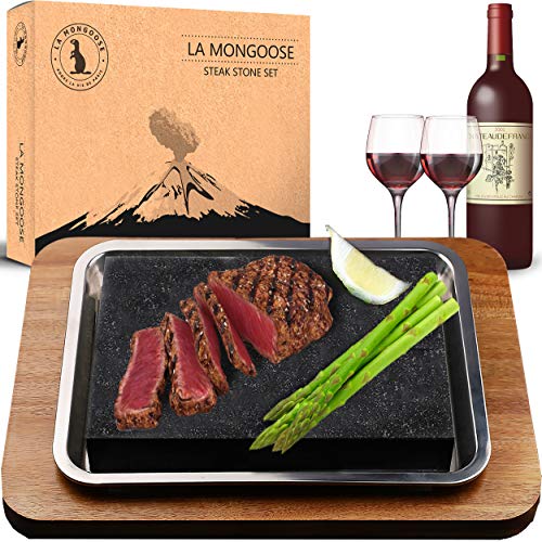 Extra Large Steak Stone Set. Premium Granite Lava Stone, Stainless Steel Juice-Catching Pan