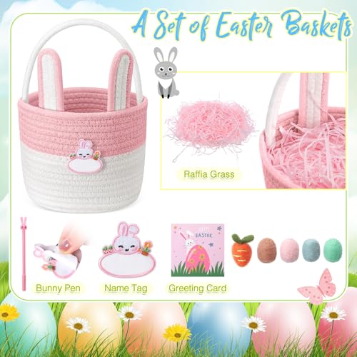 SiliFine Small Easter Baskets Set Woven Easter Basket with Name Tag Detachable Rabbit Ear Rustic Bunny Basket for Kids Girl Boy Baby Party Decoration Supplies(Pink)