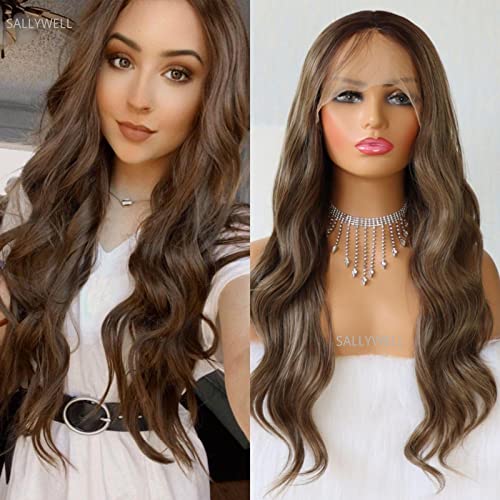 Ombre Brown Lace Front Synthetic Wig ​Ash Brown Long Wavy Synthetic Wigs For Women Cosplay Wigs With Black Roots