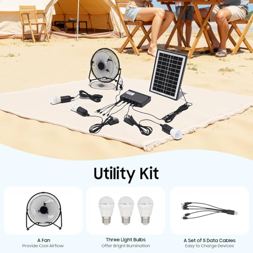 Image of Solar Power Camping Fan with Lights, Solar Power Panel Light Solar fan System Kit, 4000mAh Rechargeable Portable Fan for Home Lighting, Outdoor Camping