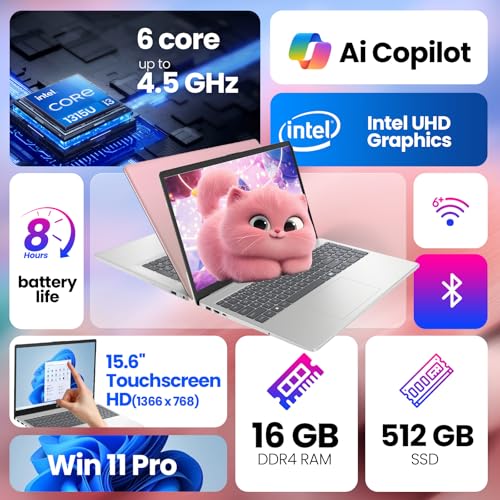 Image of HP 2026 15.6 inch HD Touchscreen Laptop (Pink Edition) - Intel Core i3-1315U, 16GB RAM, 512GB SSD, Windows 11 Pro, Copilot AI, Numeric Keypad, Type-C, Patented KB Kit