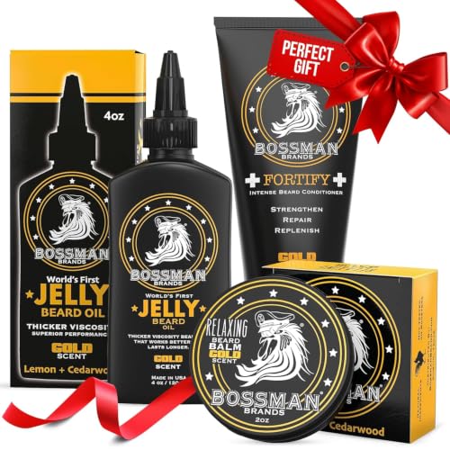 Bossman Essentials Beard Kit for Men, 3-Piece Gift Set - Gold Scent