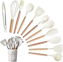 12pcs Kitchen Cooking Utensils Set, White Silicone Kitchen Utensil Set, Heat Resistant Non-Stick BPA Free Silicone Cookware with Wooden Handle, Spatula Spoon Turner Tongs