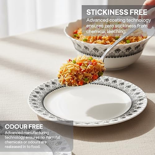 Image of CELLO Damask Imperial Plus Series Opalware Dinner Set of 33 Pieces For Family of 6 | Bone-Ash Free & Leadfree Opal Glass Microwave & Dishwasher Safe Crockery Plates & Bowls Set For Daily Use & Gifting