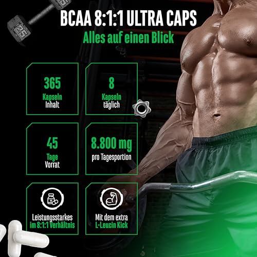 BCAA Ultra Caps - 365 Kapseln mit hochdosierten 1100 mg pro Kapsel - Optimales 8:1:1 Verhältnis - Leucin, L-Isoleucin, L-Valin - Verzweigtkettige essentielle Aminosäuren – Bild 3
