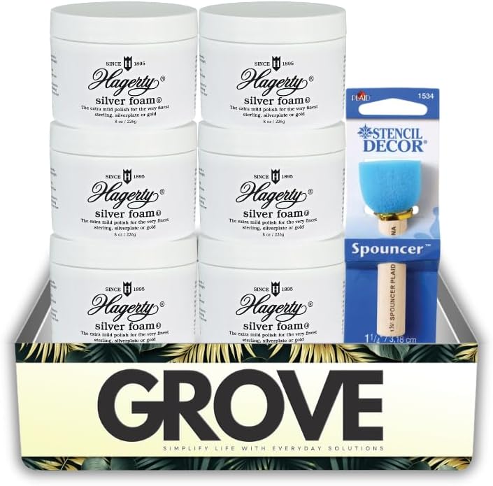 6x Hagerty No Scent Metal Polish 8 oz Foam Bundle with Spouncer Brush – Cleans and polishes silver, gold, and plate with foaming action for jewelry and flatware – Gift Set (7 Items)