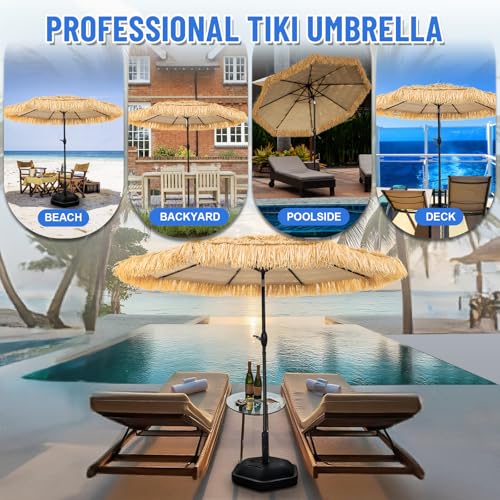 Image of 8FT Tiki Umbrella, Umbrella Outdoor Patio UV-Stability, Hawaiian Style Outdoor Umbrellas for Patio 8 large Ribs, Thatched umbrellas with Push Button Tilt and Crank Lift for Tiki Bar, Pool, Beach, Natural
