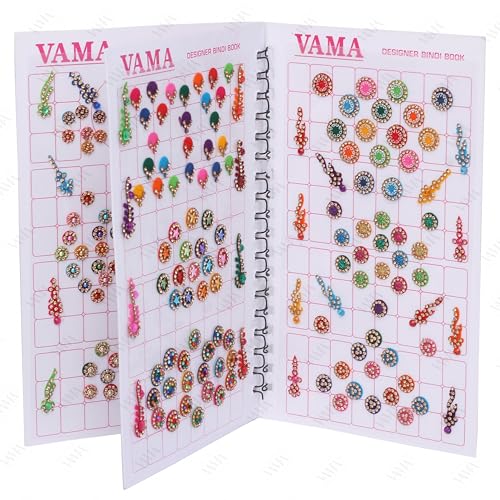 Image of VAMA Multicolor Mix Size Mix Designer Assorted Velvet Self-Adhesive Paper Cutting Golden Diamond Stone Round Long Sparkle Kumkum Bindi Book For Women, 17 Cm X 10 cms