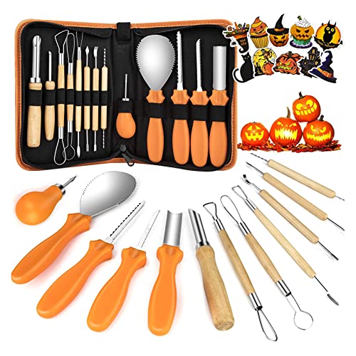 Kürbis Schnitzwerkzeug Set,13pcs professionelles Halloween-Kürbis-Schnitzset, Kürbis-Edelstahl-Schneidzubehör für DIY-Kürbislaterne, mit Aufbewahrungstasche und Aufklebern