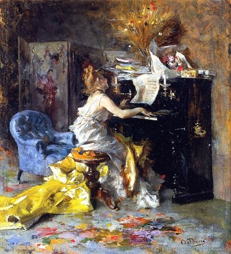 Tableaux peinture sur toile d'art nordique durable femme au piano 60x90cm