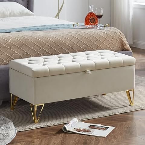 Sudwesto Modern Storage Ottoman Bench, Velvet Upholstered Ottoman Bench with Large Storage Space, End of Bed Bench with Metal Legs, Tufted Bed Bench for Living Room, Bedroom, Hallway (Beige) Cover