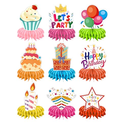 9 Pièces Decoration Table Anniversaire, Centres Nid D'abeille, Décoration à Motifs Colorés, Thème Joyeux Anniversaire, pour les Fournitures de Fête...