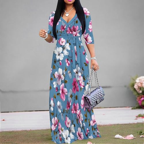 Image of Women Plus Size Long Sleeve V Neck Maxi Dress with Belt | Soft fabric relaxed fit three quarter sleeve v neck with pockets for party and daily wear