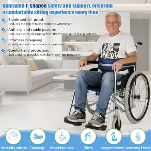 Image of Wheelchair Seatbelt,Wheelchair Harness for Adults,T-Shape Chair Waist Lap Strap with Easy Release Buckles,Suitable for Dementia Patients,Adults,The Elderly,Pregnant,Paralyzed(Blue)