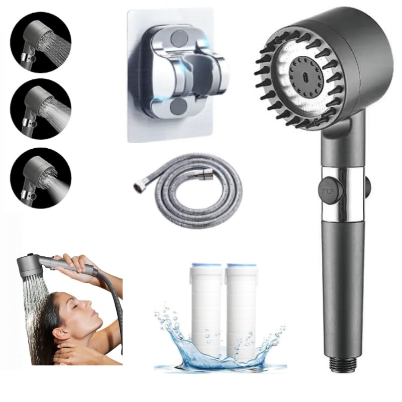 Shower Head, Handheld Shower Head, Latest high-Pressure 4-Mode Electric Shower Head, Adjustable spa Shower Head, Latest Powerful Shower Head, Equipped with 1.5M Hose, Two Filters, and a Shower seat