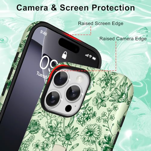 Image of Magnetic for iPhone 16 Pro Case with Finger Strap Kickstand [Compatible with Magsafe] Cute Flower Floral Pattern Design, Dual-Layer Shockproof Protective Cover for Women Men, Green